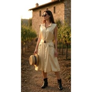 Linea Domani Tan Bubble Hem Dress Belted Full Zipper Front Pockets Sz 12‎ Lined